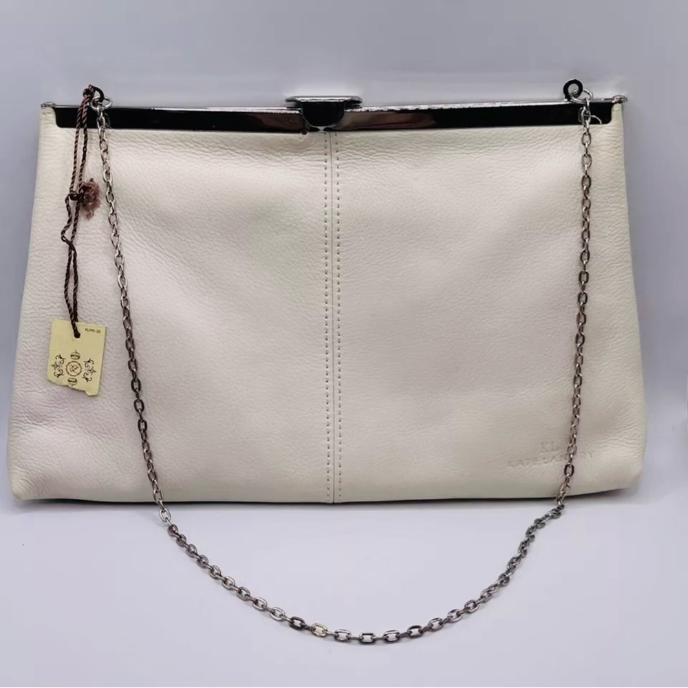Kate Landry KL Clutch Evening Bag Purse Chain Strap Leather Large Bone Ivory New